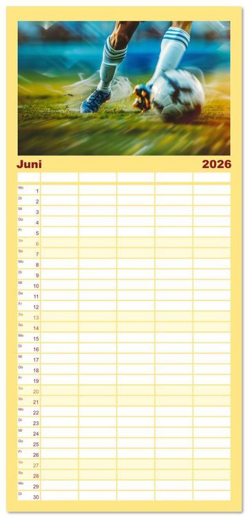 Produktbild: Familienplaner 2026 - Fu&szlig;ball - Dynamik am Ball mit 5 Spalten (Wandkalender, 21 x 45 cm) CALVENDO