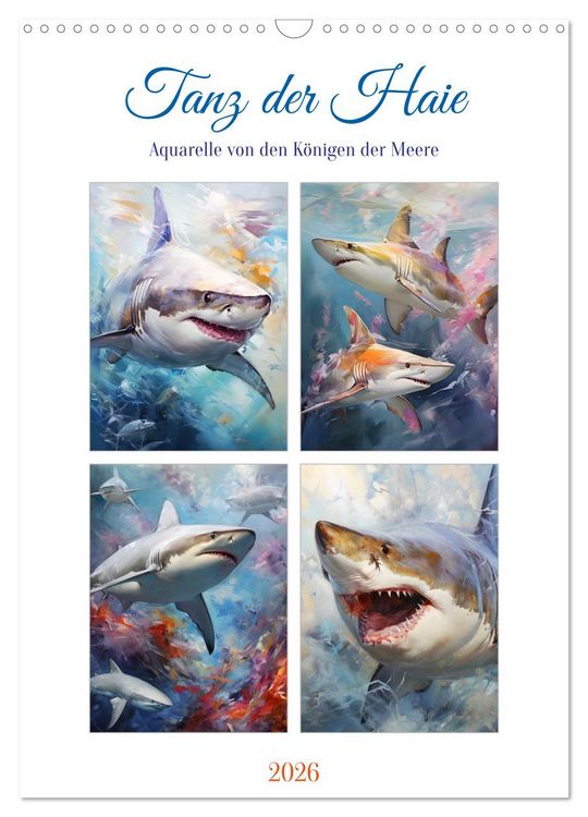 Produktbild: Tanz der Haie. Aquarelle von den K&ouml;nigen der Meere (Wandkalender 2026 DIN A3 hoch), CALVENDO Monatskalender
