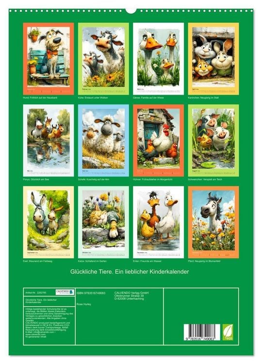 Produktbild: Gl&uuml;ckliche Tiere. Ein lieblicher Kinderkalender (hochwertiger Premium Wandkalender 2026 DIN A2 hoch), Kunstdruck in Hochglanz