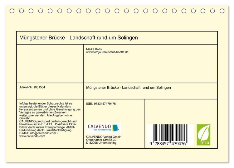 Produktbild: M&uuml;ngstener Br&uuml;cke - Landschaft rund um Solingen (Tischkalender 2026 DIN A5 quer), CALVENDO Monatskalender
