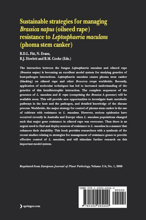 Produktbild: Sustainable strategies for managing Brassica napus (oilseed rape) resistance to Leptosphaeria maculans (phoma stem canker)