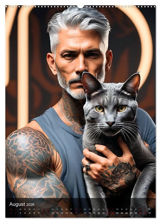 Produktbild: Verschmuste Kerle - Muskeln, Tattoos und Miezekatzen (hochwertiger Premium Wandkalender 2026 DIN A2 hoch), Kunstdruck in Hochglanz