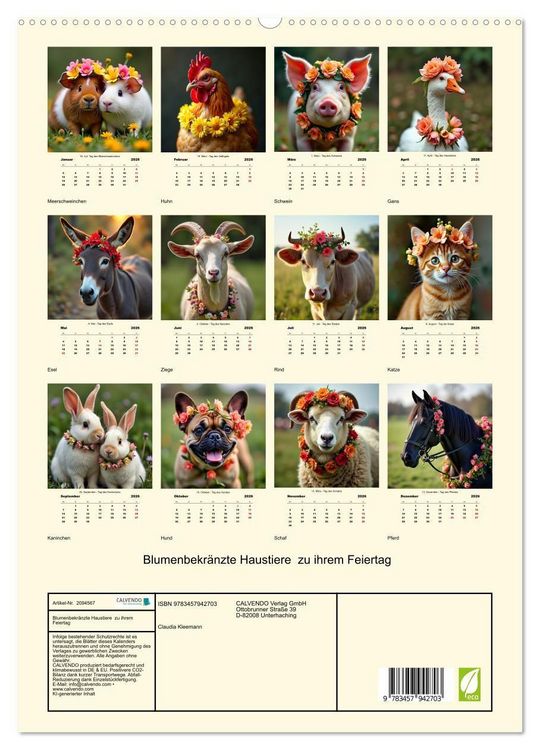 Produktbild: Blumenbekr&auml;nzte Haustiere zu ihrem Feiertag (hochwertiger Premium Wandkalender 2026 DIN A2 hoch), Kunstdruck in Hochglanz