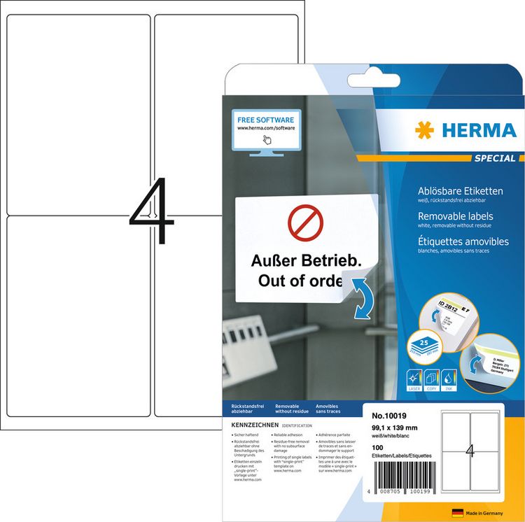 Produktbild: HERMA Adressetiketten repositionierbar wei&szlig; 99,1x139mm 25 Blatt 100 St&uuml;ck