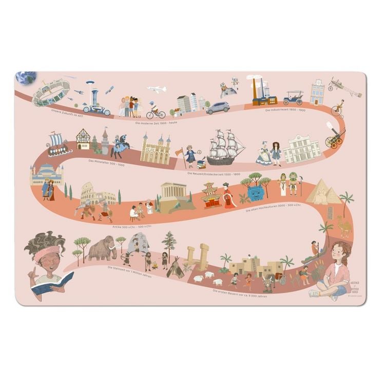 Produktbild: Scriptum Schreibtischunterlage f&uuml;r Kinder Zeitreise durch die Weltgeschichte in rosa, - 60 x 40 cm. aus premium Vinyl