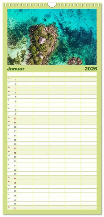 Produktbild: Familienplaner 2026 - In Gedanken auf den Seychellen mit 5 Spalten (Wandkalender, 21 x 45 cm) CALVENDO