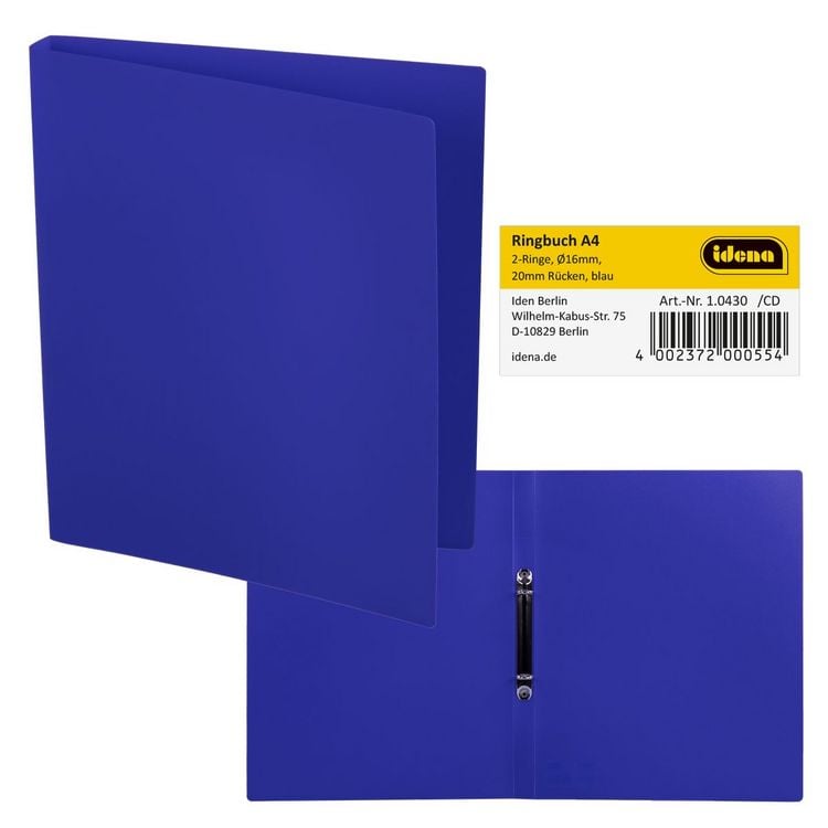 Produktbild: Idena Ringbuch aus Kunststoff 2 Ringe blau DIN A4 R&uuml;ckenbreite 2cm