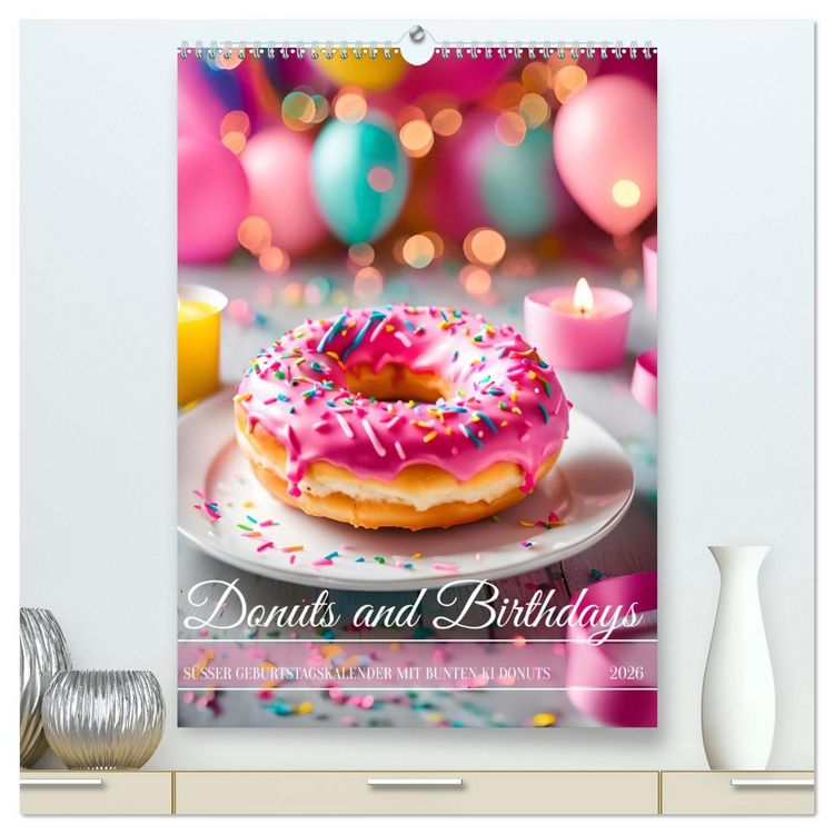 Produktbild: Donuts and Birthdays, s&uuml;&szlig;er Geburtstagskalender mit bunte KI Donuts (hochwertiger Premium Wandkalender 2026 DIN A2 hoch), Kunstdruck in Hochglanz