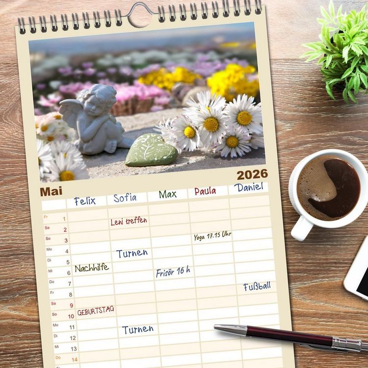 Produktbild: Familienplaner 2026 - Engel f&uuml;r Gl&uuml;ck & Schutz mit 5 Spalten (Wandkalender, 21 x 45 cm) CALVENDO