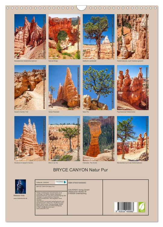 Produktbild: BRYCE CANYON Natur Pur (Wandkalender 2026 DIN A3 hoch), CALVENDO Monatskalender