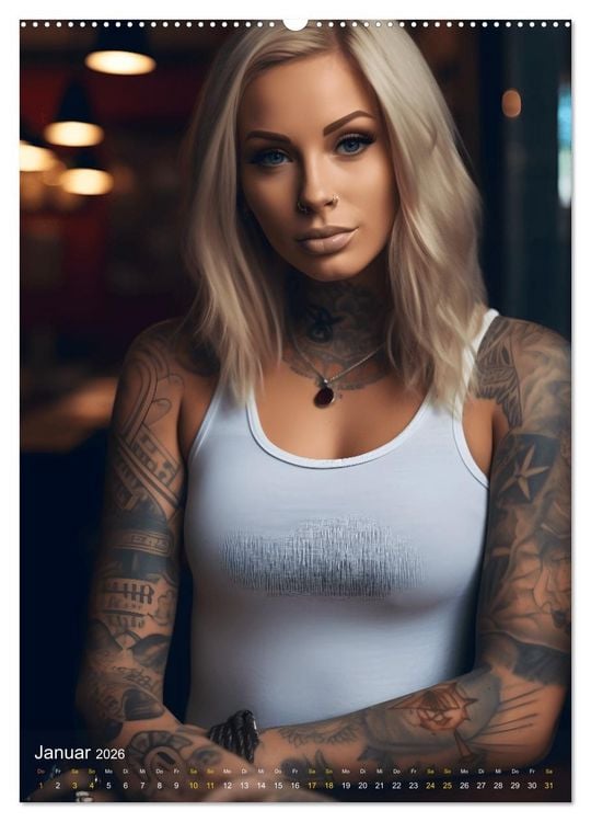 Produktbild: Tattoo Sch&ouml;nheiten - zw&ouml;lf Monate, zw&ouml;lf Frauen und jede Menge Tattoos (Wandkalender 2026 DIN A2 hoch), CALVENDO Monatskalender