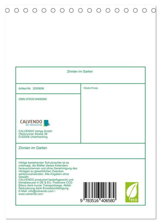 Produktbild: Zinnien im Garten (Tischkalender 2026 DIN A5 hoch), CALVENDO Monatskalender
