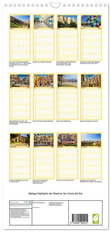 Produktbild: Familienplaner 2027 - Malaga Highlights der Stadt an der Costa del Sol mit 5 Spalten (Wandkalender, 21 x 45 cm) CALVENDO