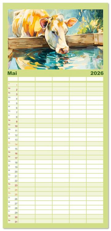 Produktbild: Familienplaner 2026 - Almseelen im Licht der Berge. Charmante K&uuml;he in kunstvoller &Ouml;loptik mit 5 Spalten (Wandkalender, 21 x 45 cm) CALVENDO