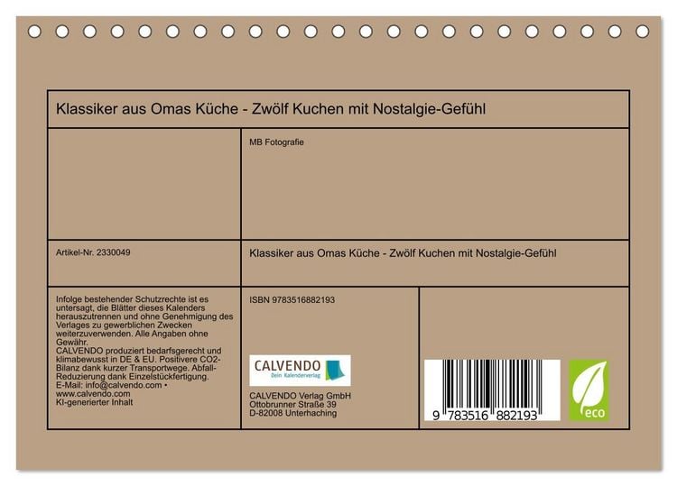 Produktbild: Klassiker aus Omas K&uuml;che - Zw&ouml;lf Kuchen mit Nostalgie-Gef&uuml;hl (Tischkalender 2027 DIN A5 quer), CALVENDO Monatskalender