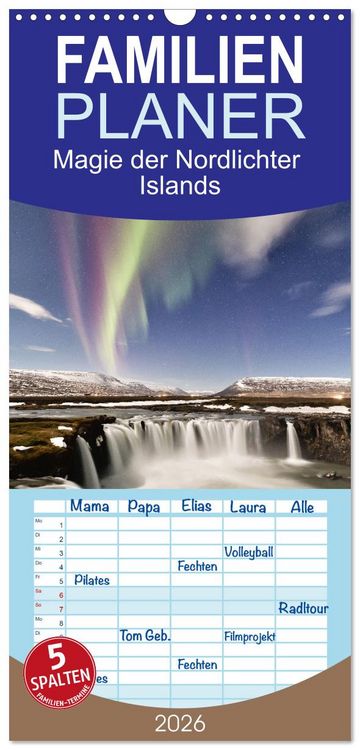 Produktbild: Familienplaner 2026 - Magie der Nordlichter Islands mit 5 Spalten (Wandkalender, 21 x 45 cm) CALVENDO