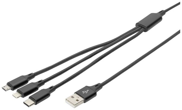 Produktbild: Digitus USB-Ladekabel Apple Lightning Stecker, USB-A Stecker, USB-C&reg; Stecker, USB-Micro-B Stecker 1.00 m Schwarz Extrem robuste Geflechtschirmung,