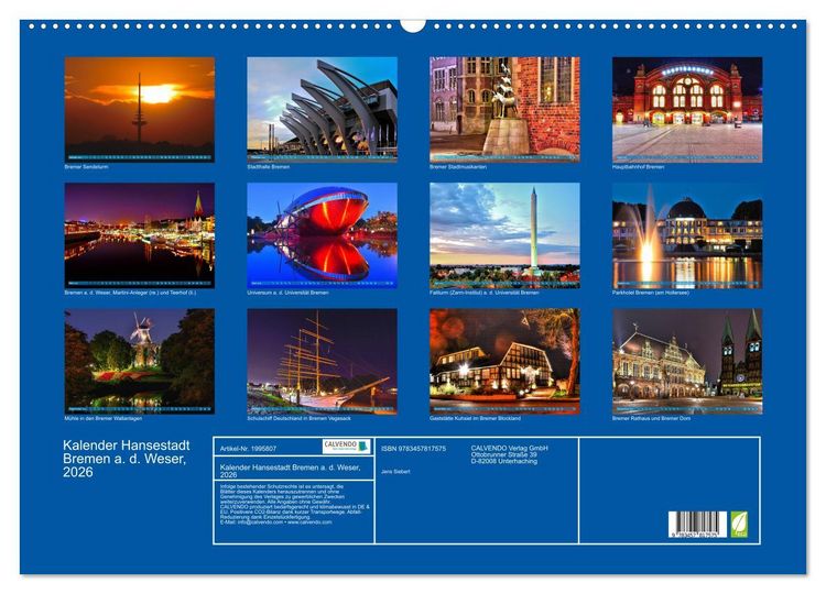Produktbild: Kalender Hansestadt Bremen a. d. Weser, 2026 (Wandkalender 2026 DIN A2 quer), CALVENDO Monatskalender