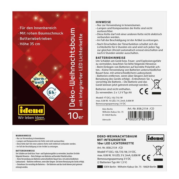 Produktbild: Idena Deko Weihnachtsbaum rot geschm&uuml;ckt 10 LED warmwei&szlig; 35cm batteriebetrieben