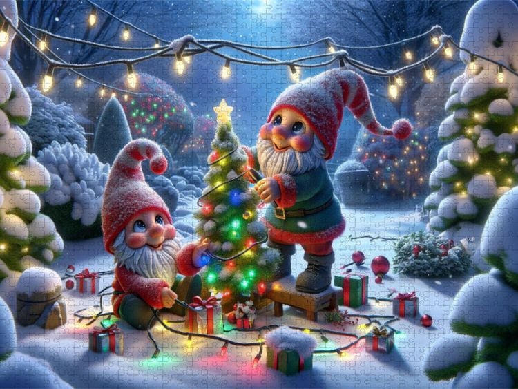Produktbild: CALVENDO Puzzle Winterwunderland im Zwergengarten: Festliche Vorbereitungen im Schnee | 1000 Teile Lege-Gr&ouml;&szlig;e 64x48cm Foto-Puzzle f&uuml;r gl&uuml;ckliche Stunden