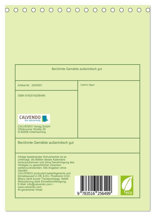 Produktbild: Ber&uuml;hmte Gem&auml;lde au&szlig;erirdisch gut (Tischkalender 2026 DIN A5 hoch), CALVENDO Monatskalender