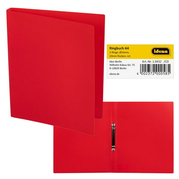 Produktbild: Idena Ringbuch aus Kunststoff 2 Ringe rot DIN A4 R&uuml;ckenbreite 2cm