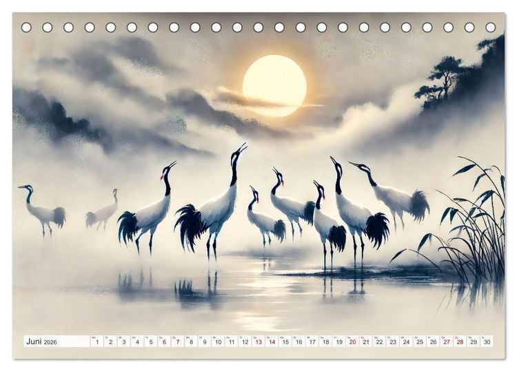 Produktbild: Eleganz der Kraniche - Majest&auml;tische V&ouml;gel in poetischer Tusche (Tischkalender 2026 DIN A5 quer), CALVENDO Monatskalender