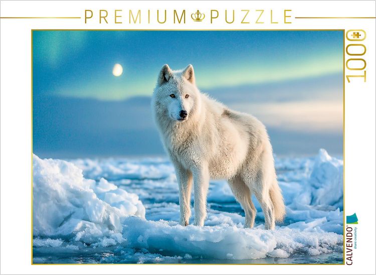 Produktbild: CALVENDO Puzzle Wei&szlig;er Wolf im Eis vor winterlicher Landschaft | 1000 Teile Lege-Gr&ouml;&szlig;e 64x48cm Foto-Puzzle f&uuml;r gl&uuml;ckliche Stunden
