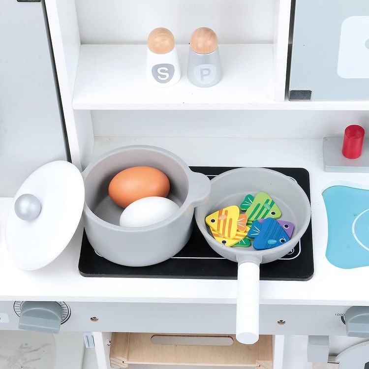 Bino 83737 - Kinderküche mit Waschmaschine und Zubehör, Spielküche, weiß-grau, Holz, 12-teilig, Höhe: 69 cm