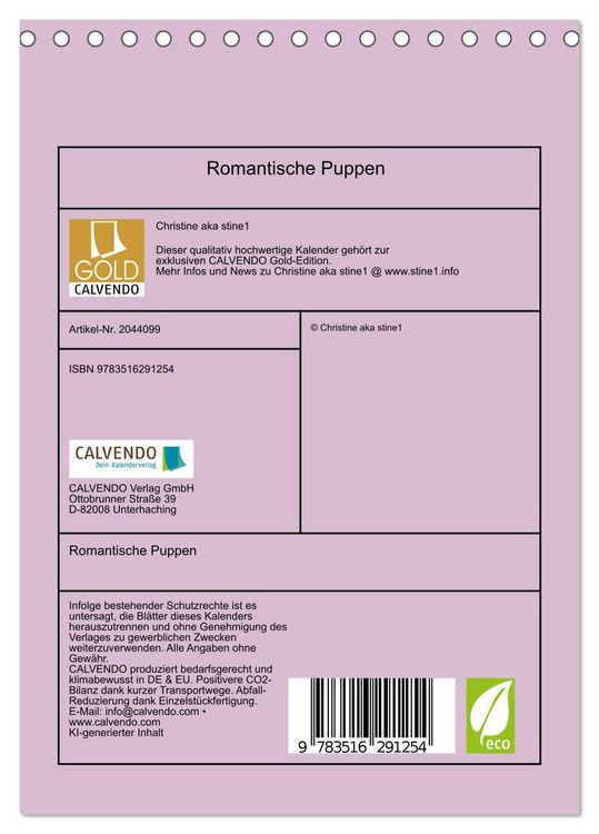 Produktbild: Romantische Puppen (Tischkalender 2026 DIN A5 hoch), CALVENDO Monatskalender