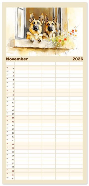 Produktbild: Familienplaner 2026 - Deutsche Sch&auml;ferhunde. Majest&auml;tische W&auml;chter im Aquarell-Stil mit 5 Spalten (Wandkalender, 21 x 45 cm) CALVENDO