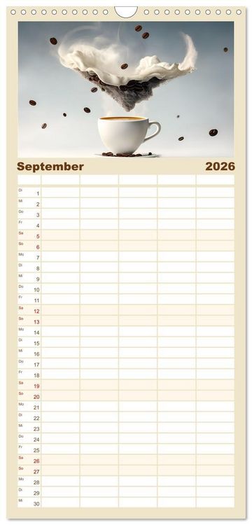 Produktbild: Familienplaner 2026 - Kaffe mal anders geniessen mit 5 Spalten (Wandkalender, 21 x 45 cm) CALVENDO