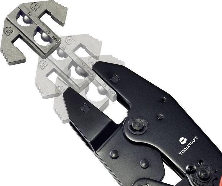 Produktbild: TOOLCRAFT PLE-0B1 Crimp-Eins&auml;tze Unisolierte Kabelschuhe Quetschbereich: 16 bis 25 mm&sup2; Passend f&uuml;r Marke (Zangen): TOOLCRAFT PZ-500