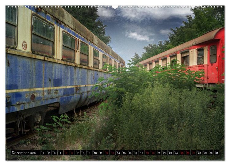 Produktbild: Lokomotiven und Wagen - Verfallen und vergessen auf dem Abstellgleis (hochwertiger Premium Wandkalender 2026 DIN A2 quer), Kunstdruck in Hochglanz