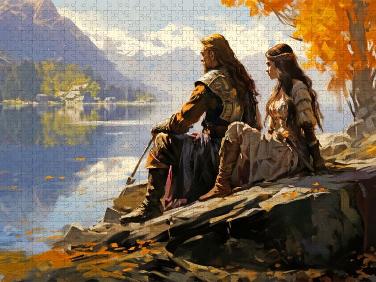 Produktbild: CALVENDO Puzzle Mann und Frau eines alten nordischen Volkes am Fluss - Wikinger | 1000 Teile Lege-Gr&ouml;&szlig;e 64x48cm Foto-Puzzle f&uuml;r gl&uuml;ckliche Stunden