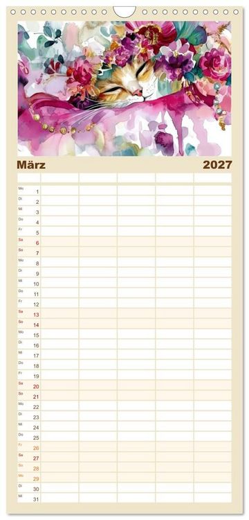 Produktbild: Familienplaner 2027 - Katzensymphonie in Aquarell mit 5 Spalten (Wandkalender, 21 x 45 cm) CALVENDO