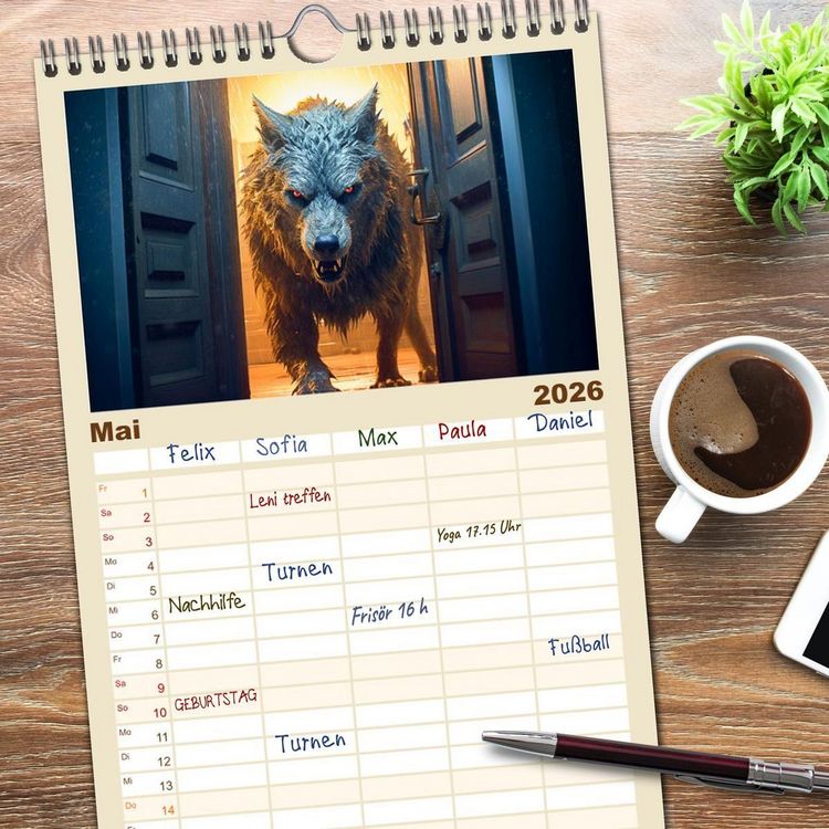 Produktbild: Familienplaner 2026 - Rotk&auml;ppchen und der Wolf mit 5 Spalten (Wandkalender, 21 x 45 cm) CALVENDO