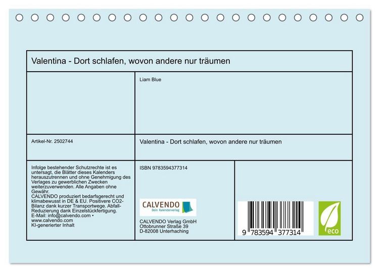 Produktbild: Valentina - Dort schlafen, wovon andere nur tr&auml;umen (Tischkalender 2027 DIN A5 quer), CALVENDO Monatskalender