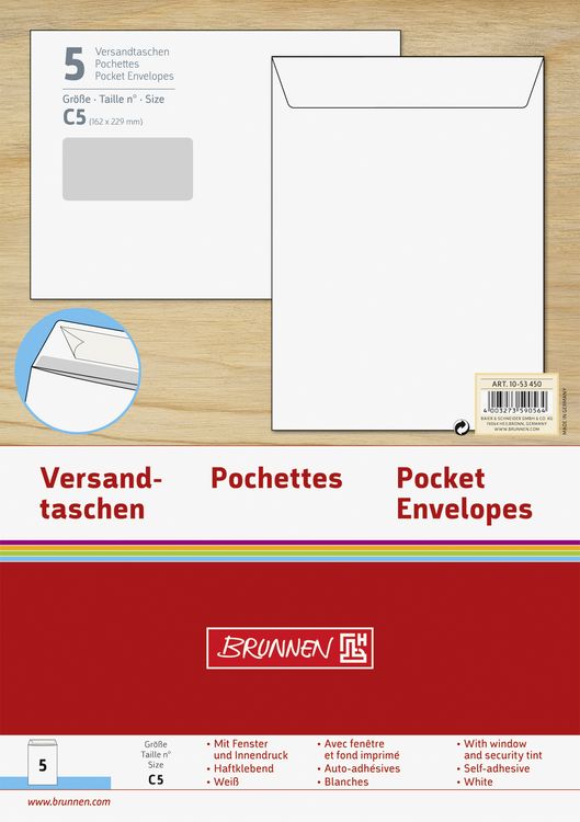 Produktbild: Brunnen Versandtasche C5 wei&szlig; m.Fenster 5 St&uuml;ck