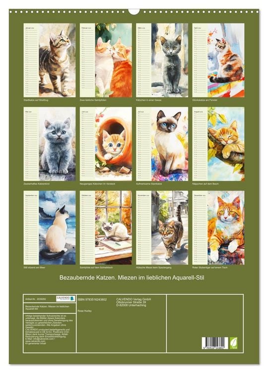 Produktbild: Bezaubernde Katzen. Miezen im lieblichen Aquarell-Stil (Wandkalender 2026 DIN A2 hoch), CALVENDO Monatskalender