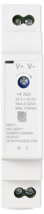 Produktbild: TRU COMPONENTS TC-13713364 Hutschienen-Netzteil (DIN-Rail) Verbrauch (StandBy) 0.3 W 24 V/DC 0.625 A 15 W Anzahl Ausg&auml;nge:1 x Inhalt 1 St.