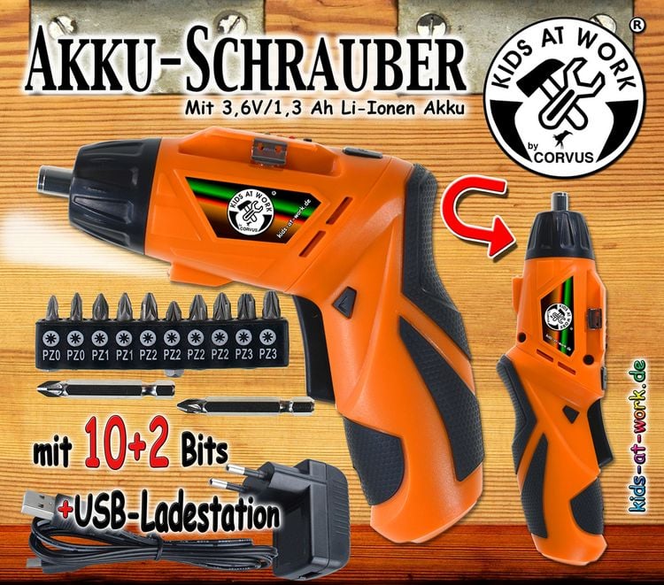 Produktbild: Corvus A600679 - Kids-at-Work, Akku-Schrauber mit 10+2 Bits und USB-Ladestation