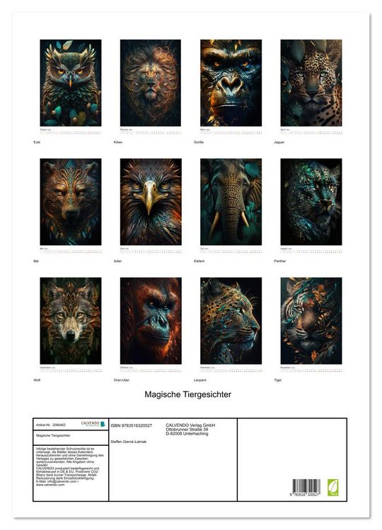 Produktbild: Magische Tiergesichter (Wandkalender 2026 DIN A2 hoch), CALVENDO Monatskalender