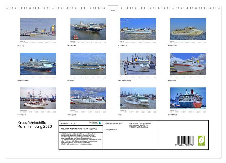 Produktbild: Kreuzfahrtschiffe Kurs Hamburg 2026 (Wandkalender 2026 DIN A3 quer), CALVENDO Monatskalender
