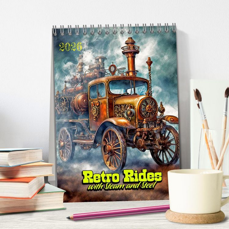 Produktbild: Retro Rides with Steam and Steel (Desk Calendar 2026 DIN A5 portrait), CALVENDO 12 Month DeskCalendar