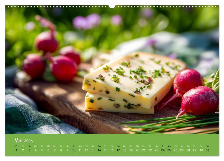 Produktbild: K&auml;sekalender - mit Gourmet K&auml;se und Platten durchs Jahr (hochwertiger Premium Wandkalender 2026 DIN A2 quer), Kunstdruck in Hochglanz