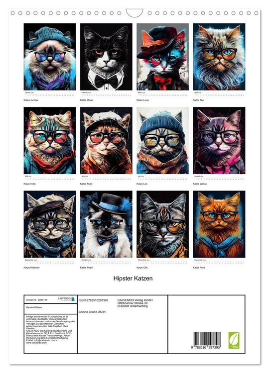 Produktbild: Hipster Katzen (Wandkalender 2026 DIN A3 hoch), CALVENDO Monatskalender