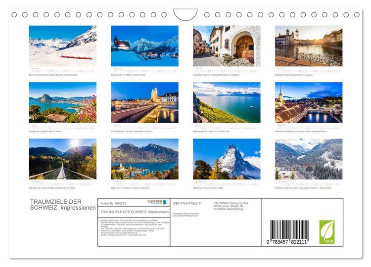 Produktbild: TRAUMZIELE DER SCHWEIZ Impressionen (Wandkalender 2026 DIN A4 quer), CALVENDO Monatskalender