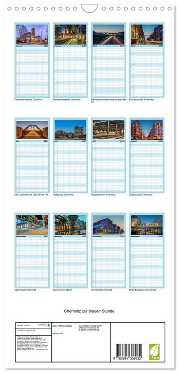 Produktbild: Familienplaner 2027 - Chemnitz zur blauen Stunde mit 5 Spalten (Wandkalender, 21 x 45 cm) CALVENDO