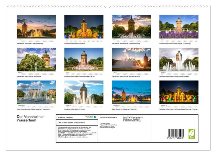 Produktbild: Der Mannheimer Wasserturm (hochwertiger Premium Wandkalender 2026 DIN A2 quer), Kunstdruck in Hochglanz